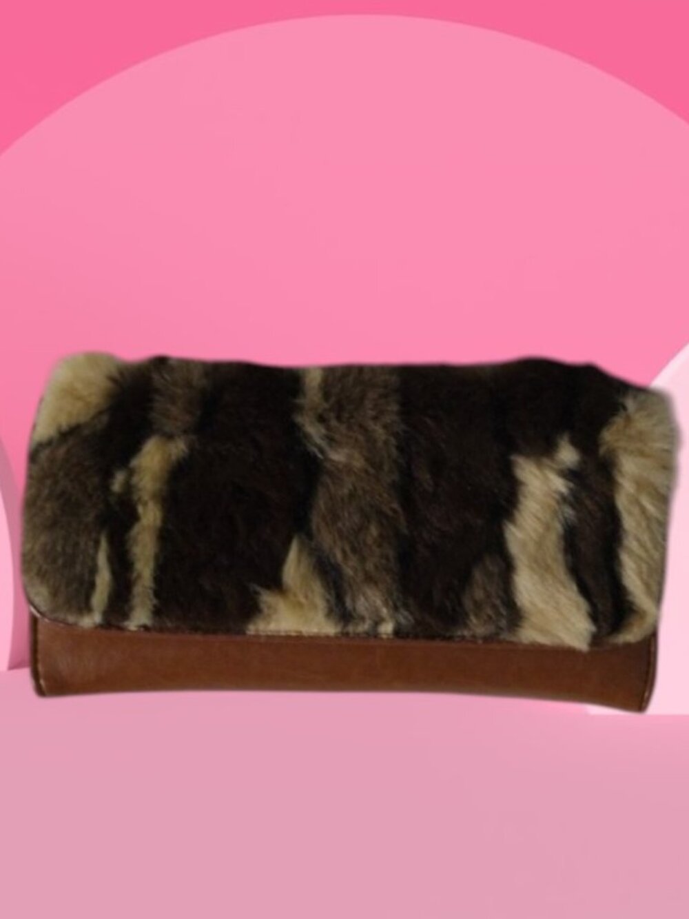 Fuzzy Faux Fur & Brown Leather Clutch Wallet